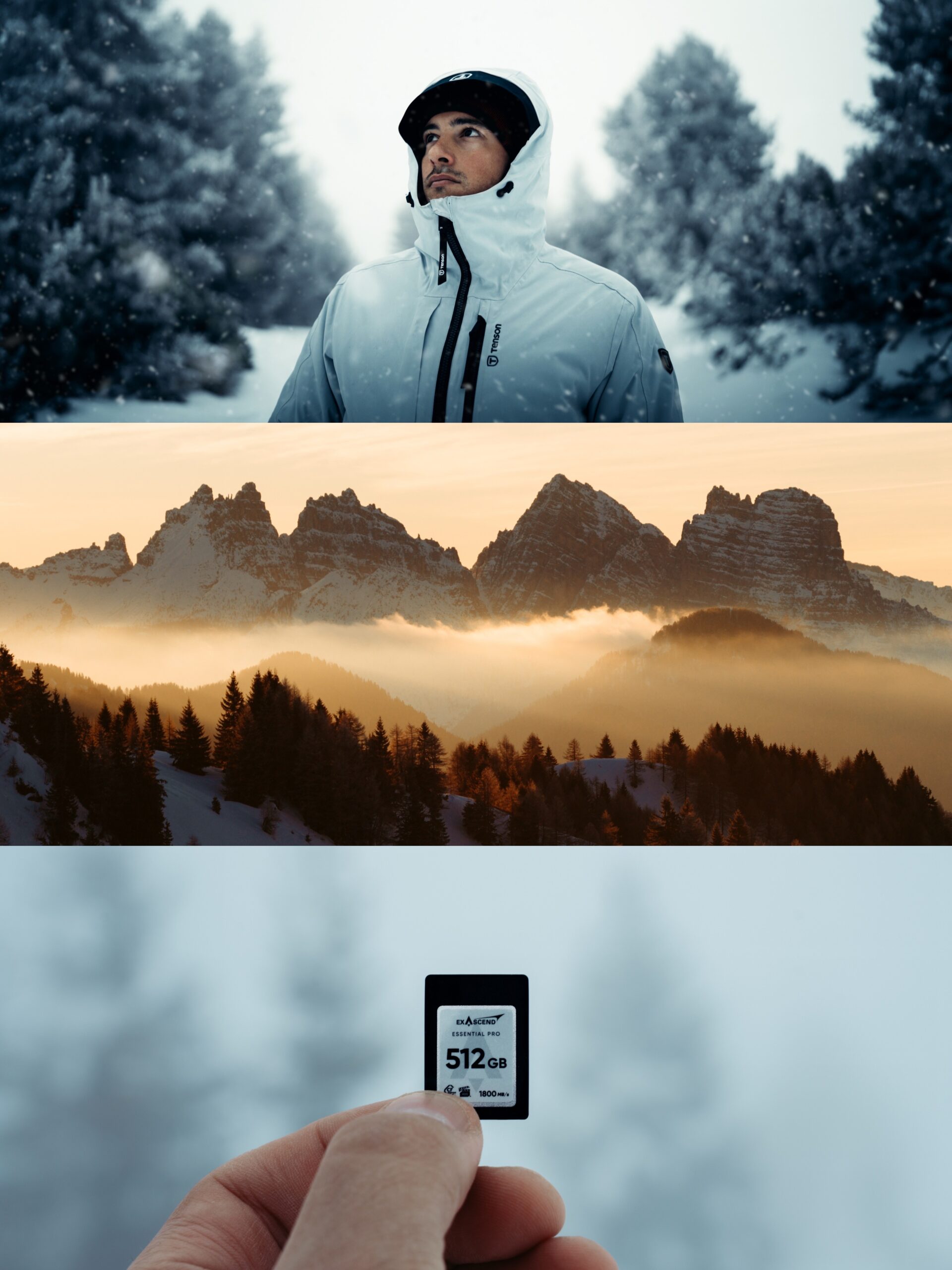 A Travel Content Creator in a white winter jacket looks up in a snowy forest, with a misty mountain range at sunset and a hand holding a 512 GB memory card against a wintry backdrop.