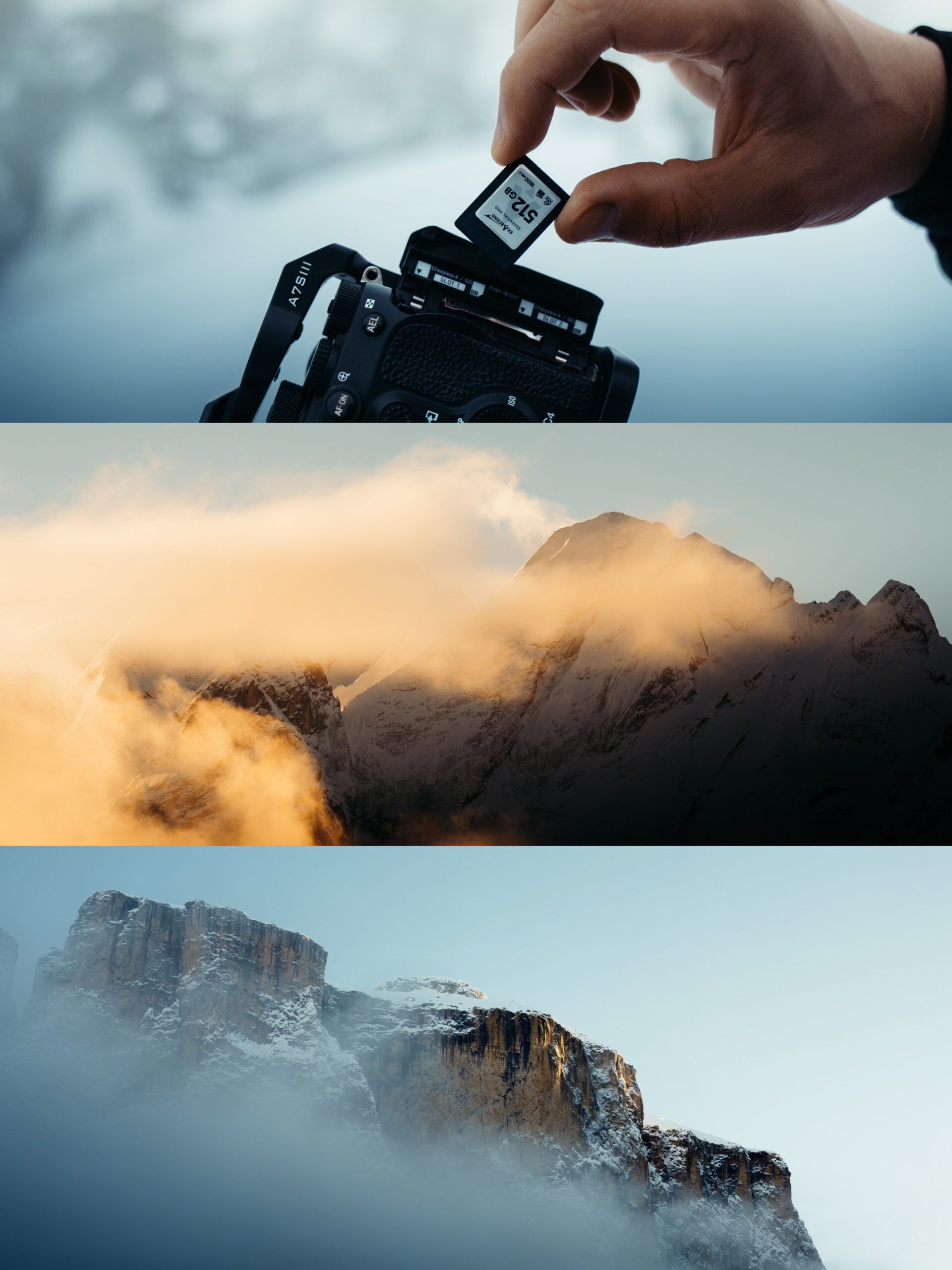A hand inserts an SD card into a camera; below, two scenic mountain landscapes appear—one with orange sunset clouds and another with misty cliffs—capturing the adventurous spirit of outdoor filmmaker Filippo Bellisola.