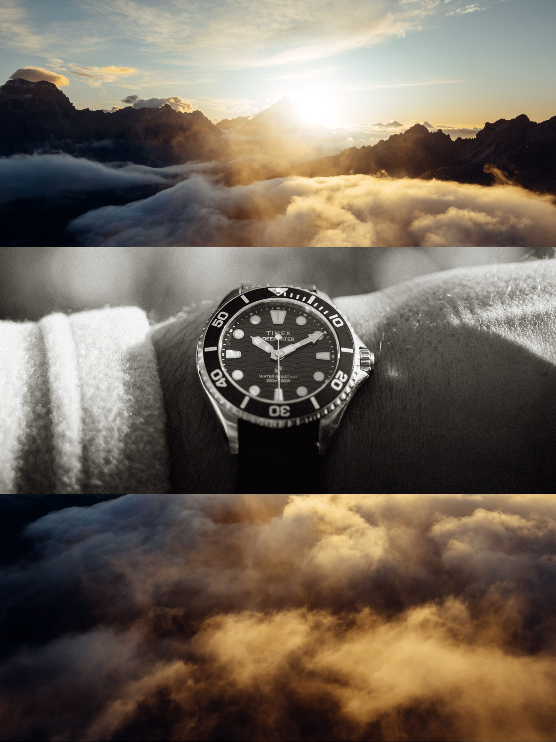 Three-panel collage: Top and bottom panels show dramatic clouds over mountains at sunrise or sunset; the centre panel features a black-and-white close-up of a wristwatch worn by an Outdoor Filmmaker capturing the moment.