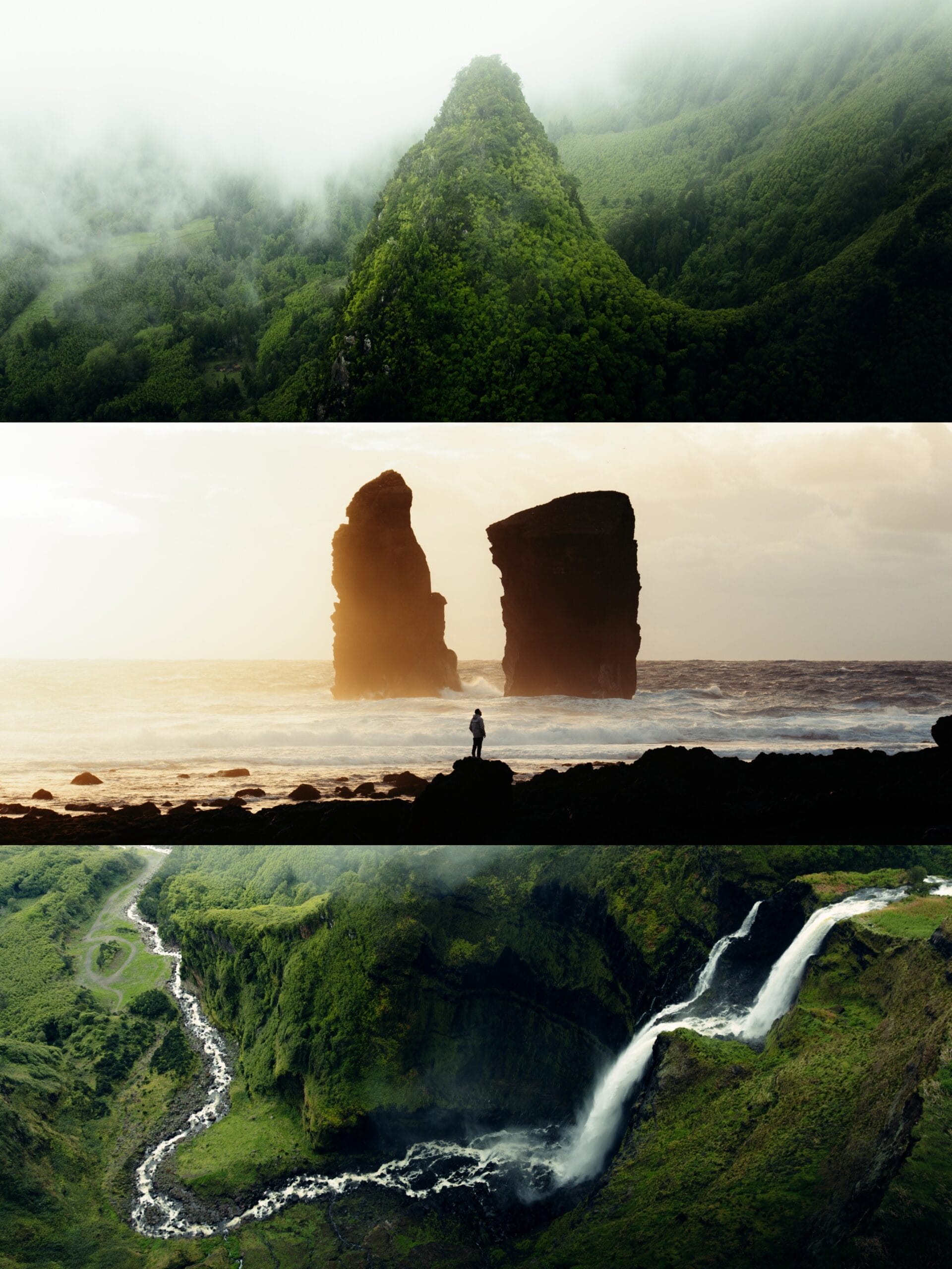 A collage for the travel content creator: misty green hills, a person by sea stacks at sunset, and a winding river with a waterfall flowing through lush green countryside.