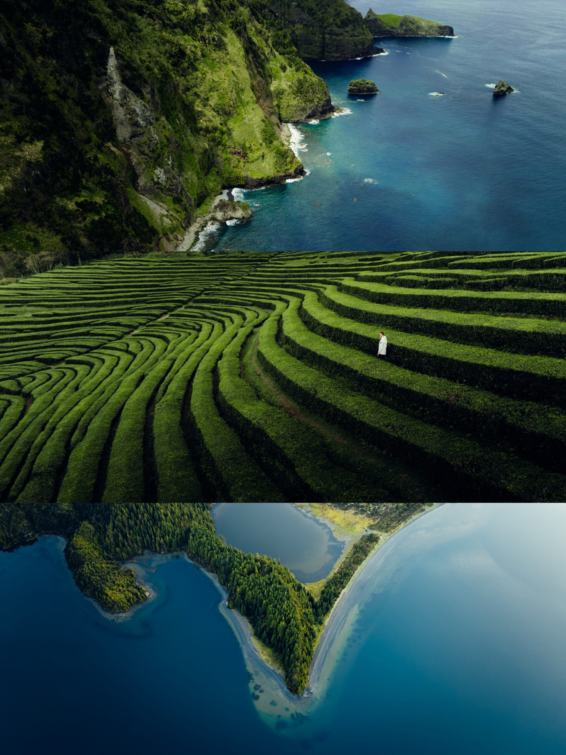 A collage of three landscapes: coastal cliffs by blue ocean, terraced green fields with a person in white, and an aerial view of a forested peninsula—captured through the lens of an Italian Content Creator.