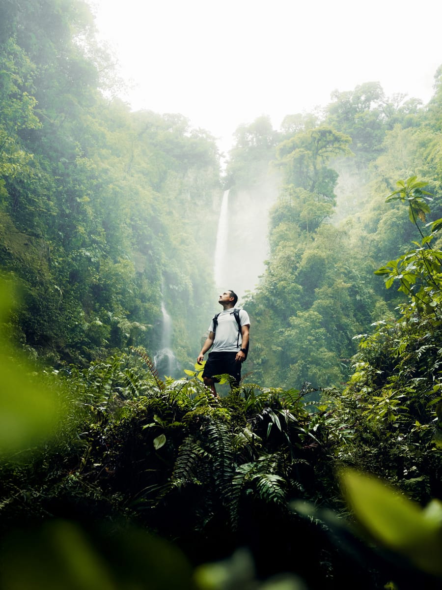 Outdoor filmmaker Filippo Bellisola stands with a rucksack on lush green vegetation, surrounded by dense jungle foliage, gazing up at a tall waterfall cascading down a misty, forested cliff.