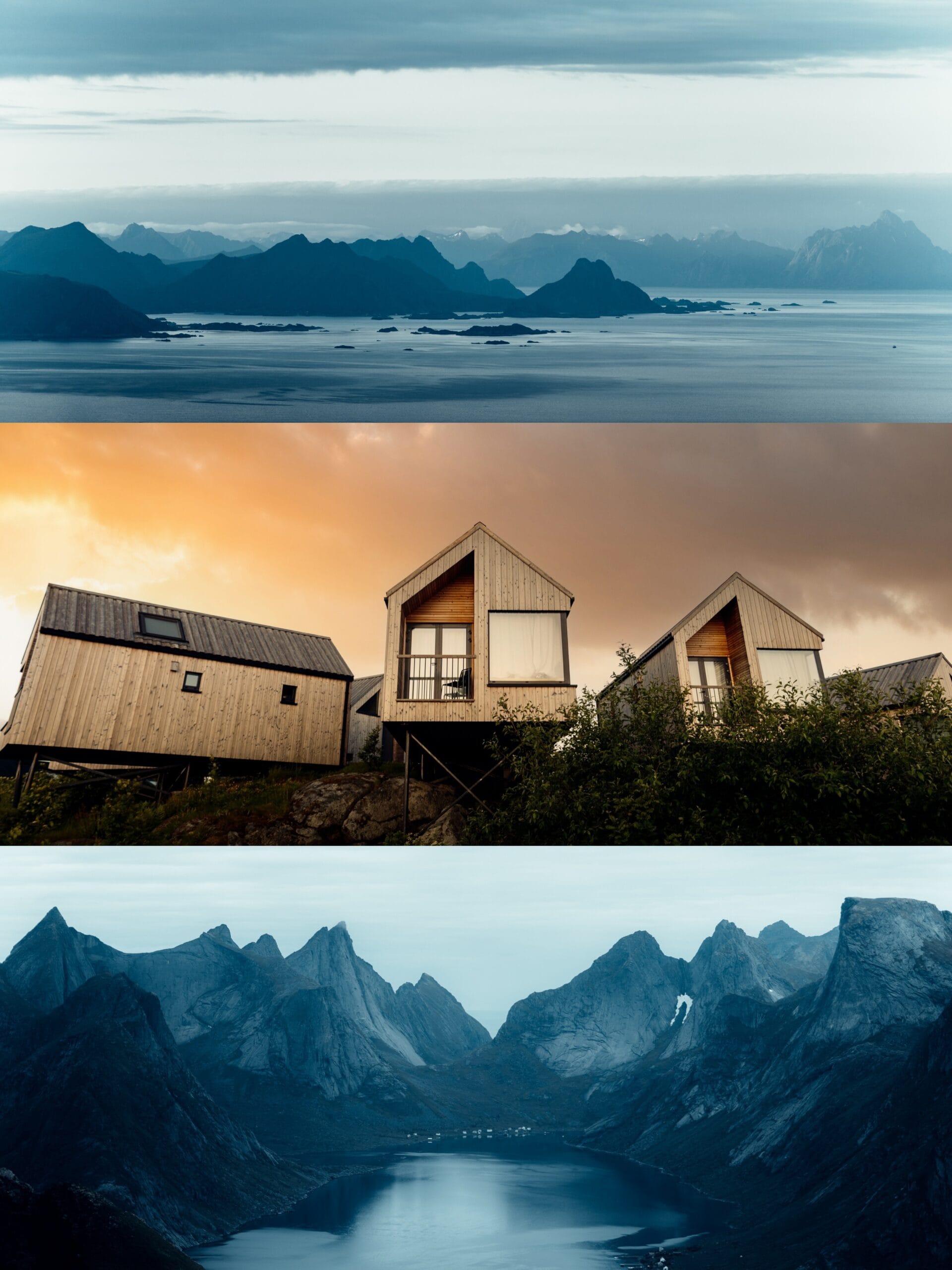 A collage for the outdoor content creator: distant mountains over a calm sea, modern wooden cabins on a sunset hillside, and a dramatic mountain range reflected in a tranquil fjord.