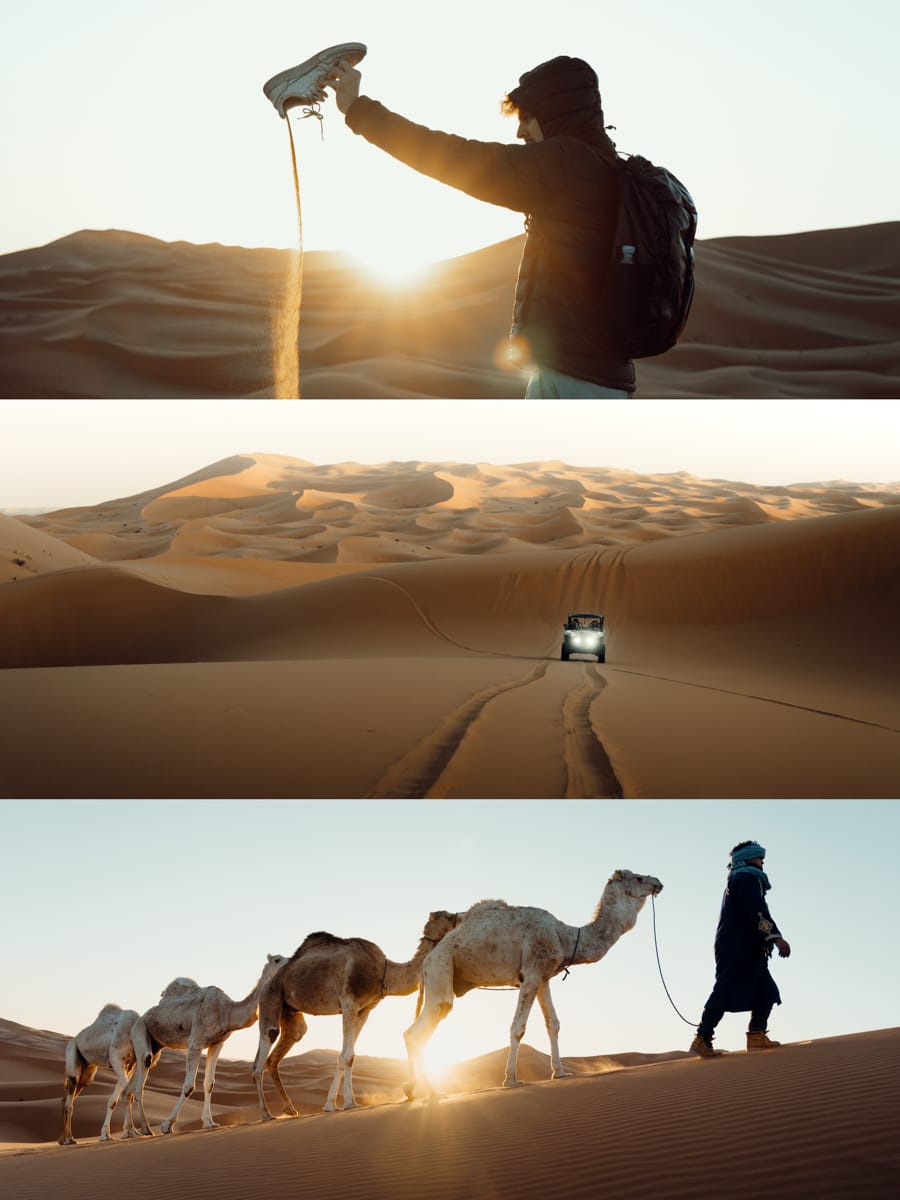A collage of three desert scenes by Italian Content Creator Filippo Bellisola: a person pours sand from a shoe at sunrise, a car drives over sand dunes, and a person leads four camels across the sunlit dunes.