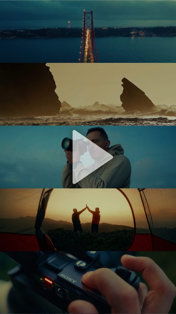 A series of cinematic frames by Outdoor Filmmaker Filippo Bellisola: a city bridge at dusk, dramatic sea cliffs, a person using a camera, two people silhouetted near a tent, and a close-up of a hand switching on a Sony camera.