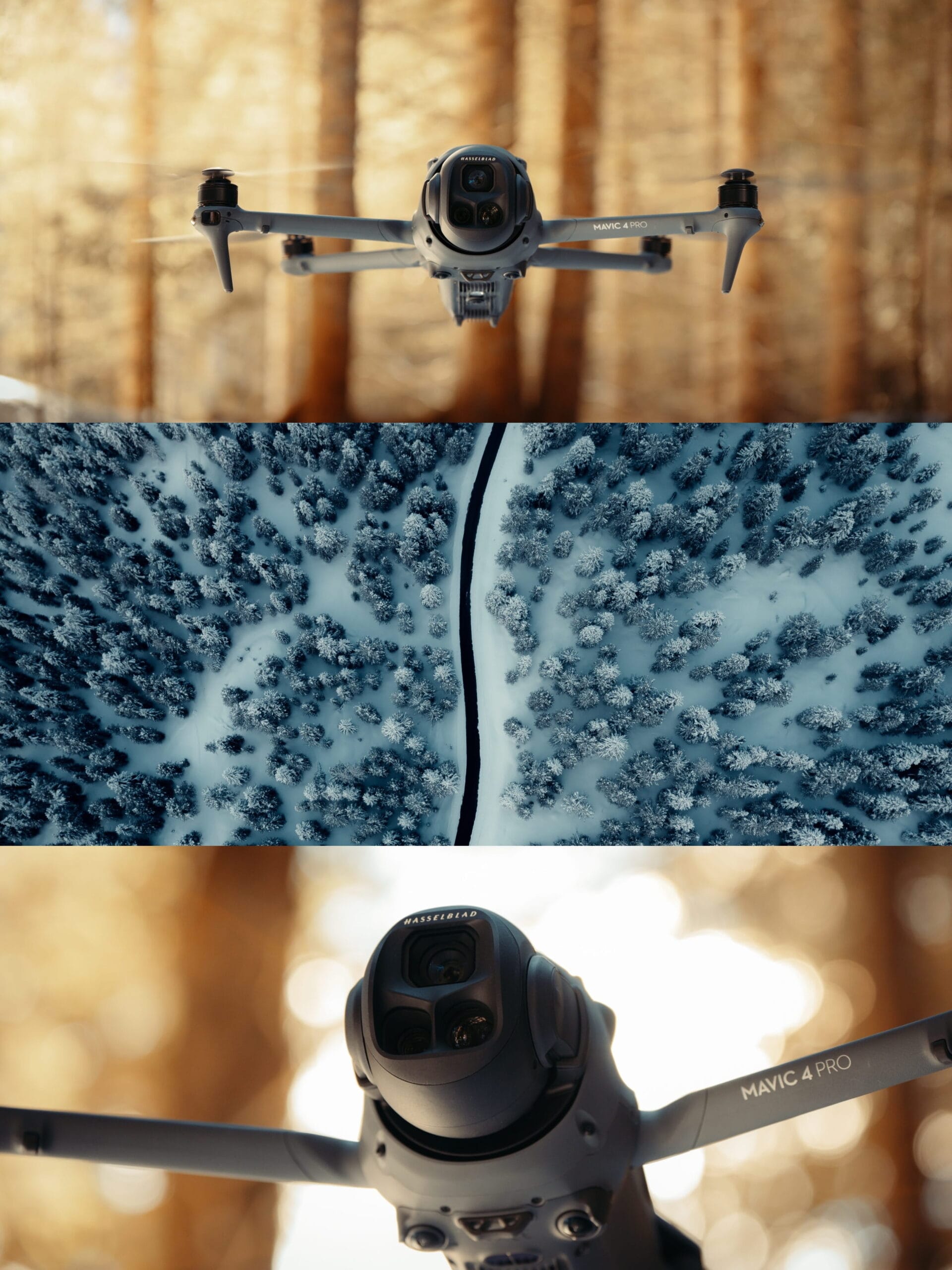 A collage of three images: a close-up of a DJI Mavic 4 Pro drone—one of the leading brands—flying in a sunlit forest, an aerial view of a snowy road dividing dense pines, and another close-up highlighting the drone’s camera and front arms.