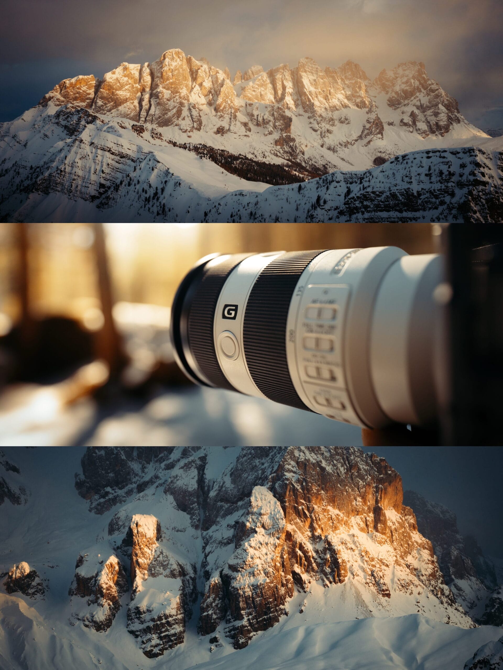 A collage of three images: snow-covered mountain peaks at sunrise, a close-up of a telephoto camera lens from top brands, and another shot of sunlit, rugged snowy peaks, all bathed in warm golden light.