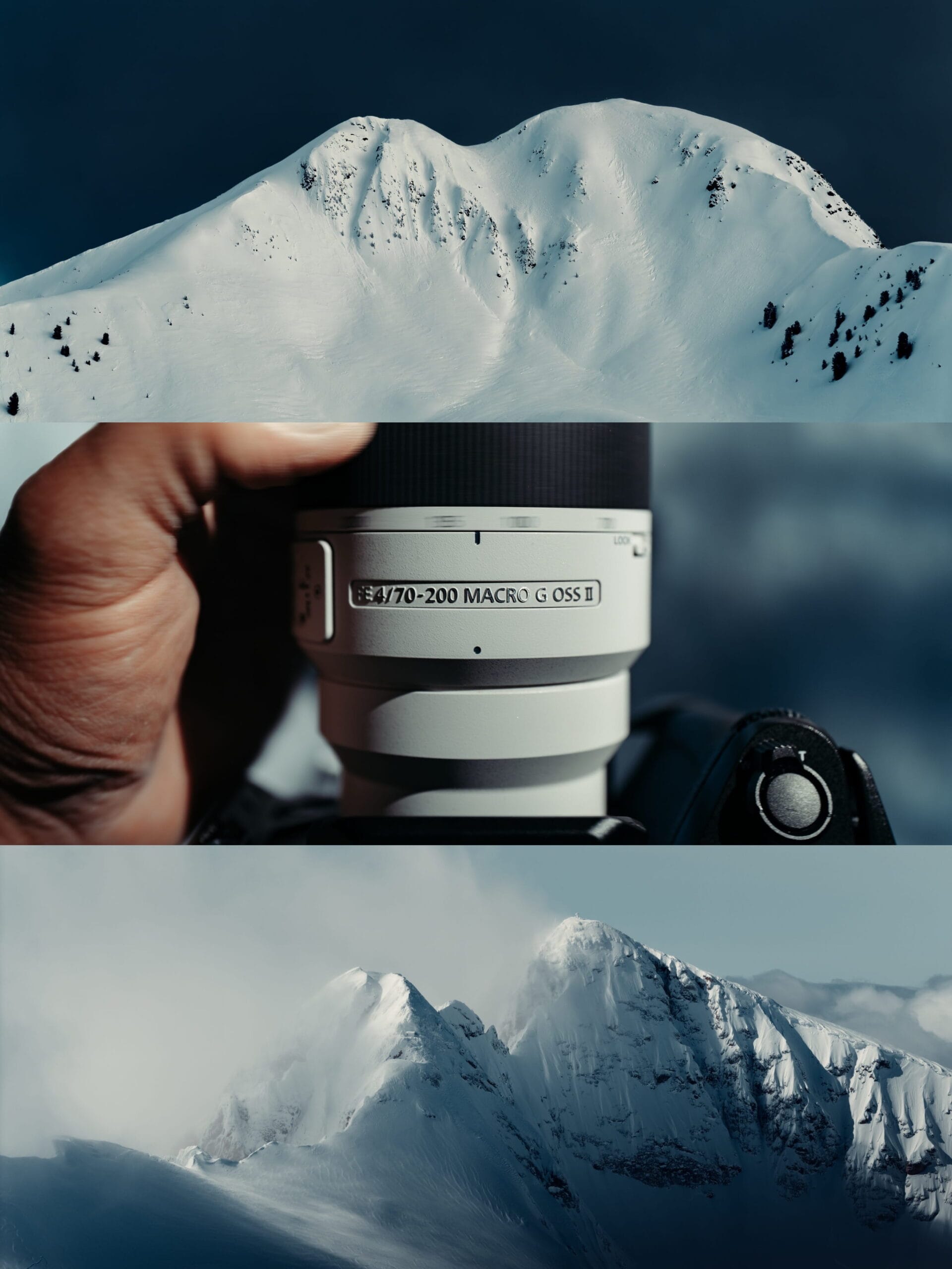 A triptych of images: the top and bottom feature snow-covered mountain peaks under blue skies; the middle image spotlights a hand holding a camera with a Sony 70-200mm lens, capturing the allure of renowned brands in photography.