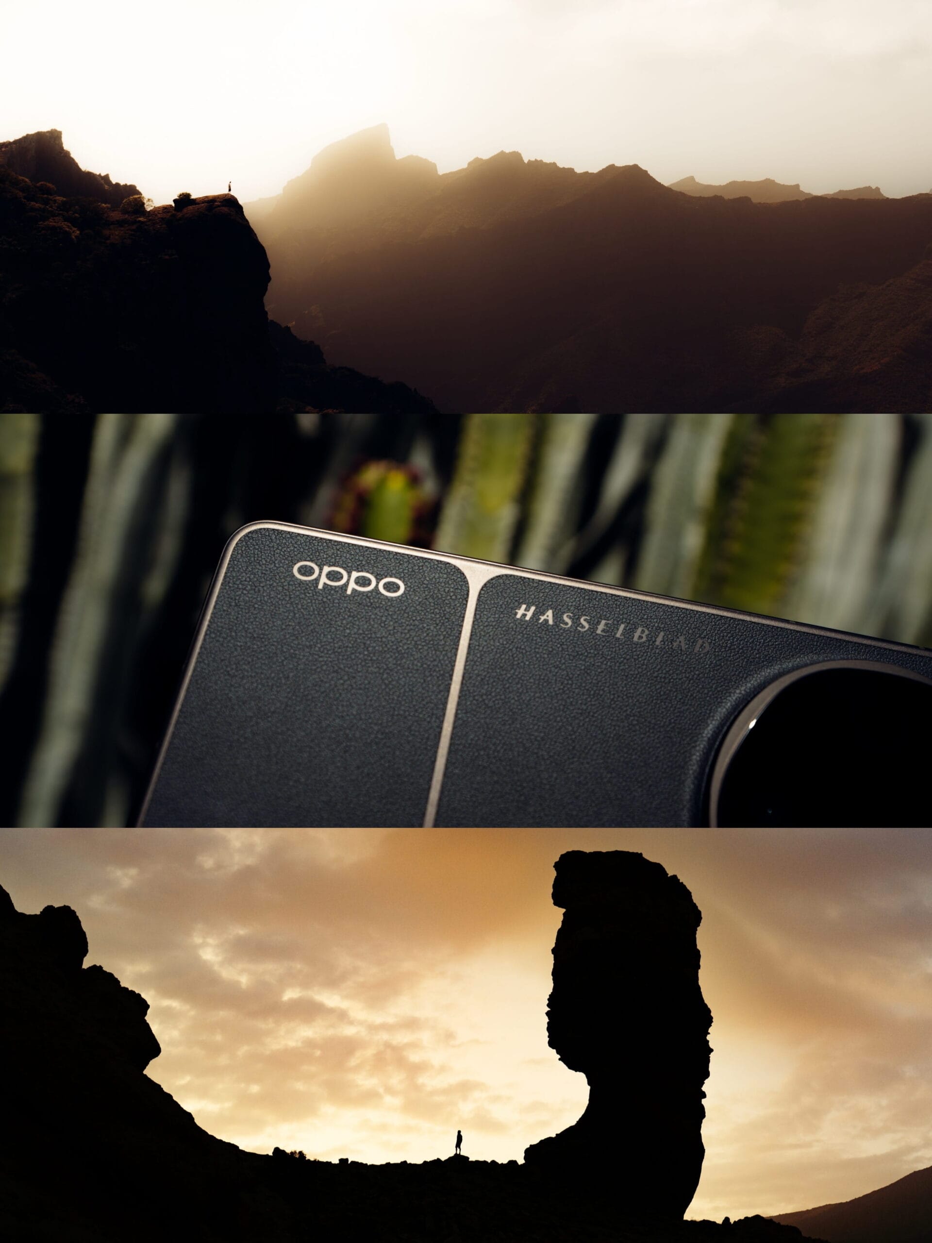 Three images: a person stands on a mountain ridge at sunrise, a close-up of an Oppo Hasselblad camera phone highlighting top brands, and a person silhouetted near a tall rock formation at sunset.