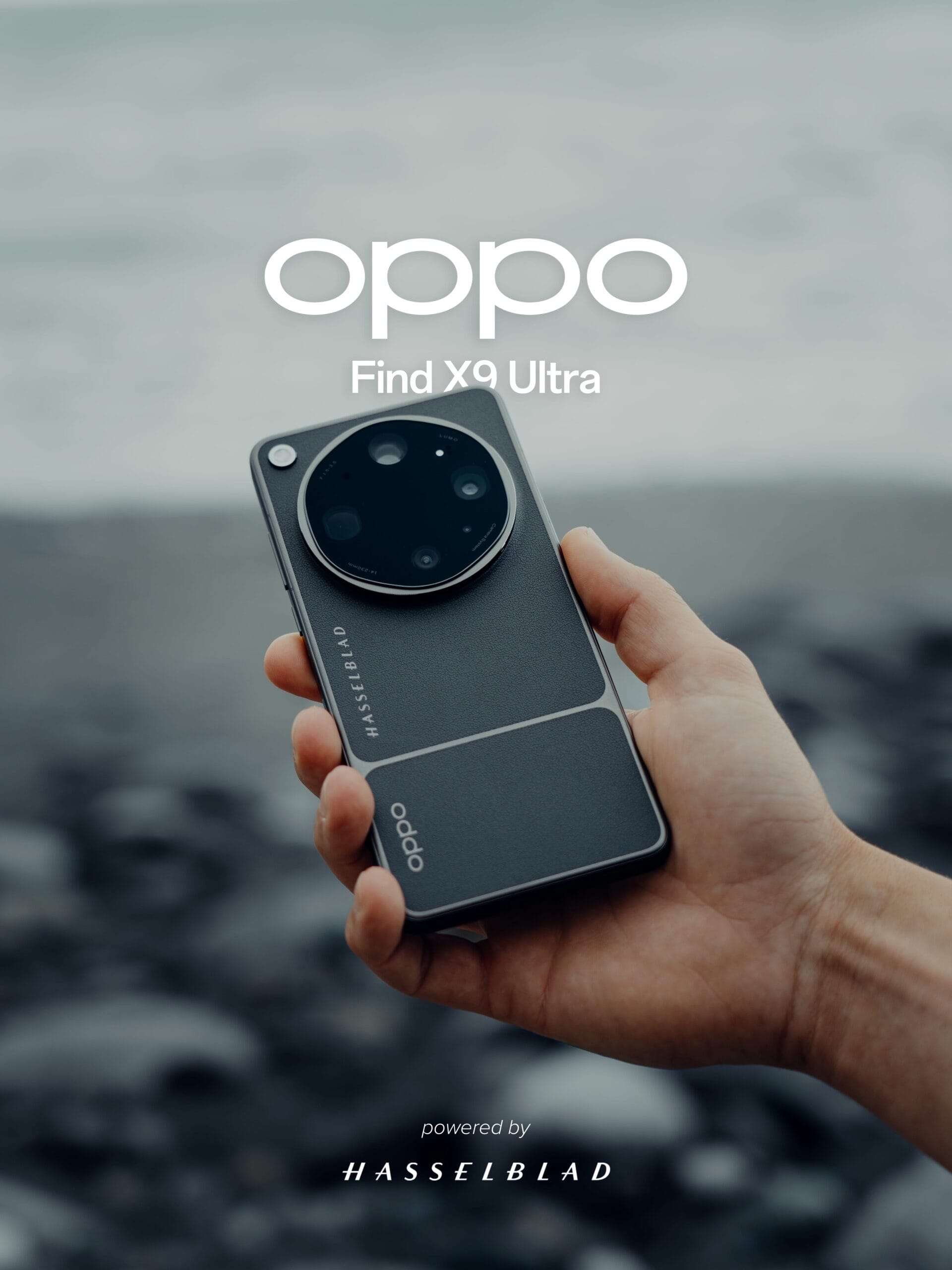 A hand holds an Oppo Find X9 Ultra smartphone with a large circular camera module, set against a blurred outdoor background. The text reads: Oppo Find X9 Ultra powered by Hasselblad, showcasing the collaboration between top brands.