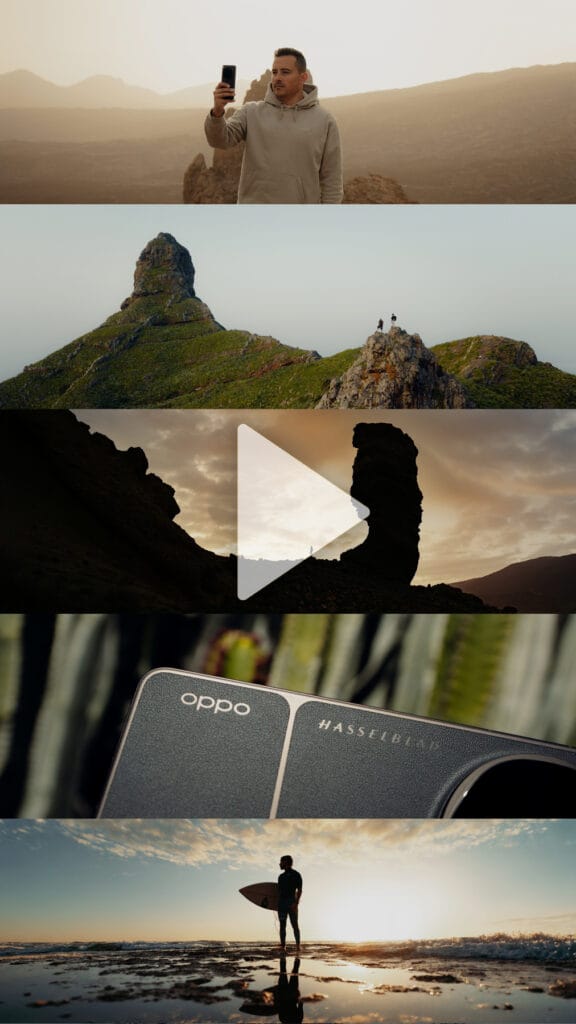 A man takes a selfie in a scenic landscape, followed by shots of rocky hills, a sunset, an Oppo smartphone close-up showing the brand's logo, and a surfer holding a board on the beach at dusk.