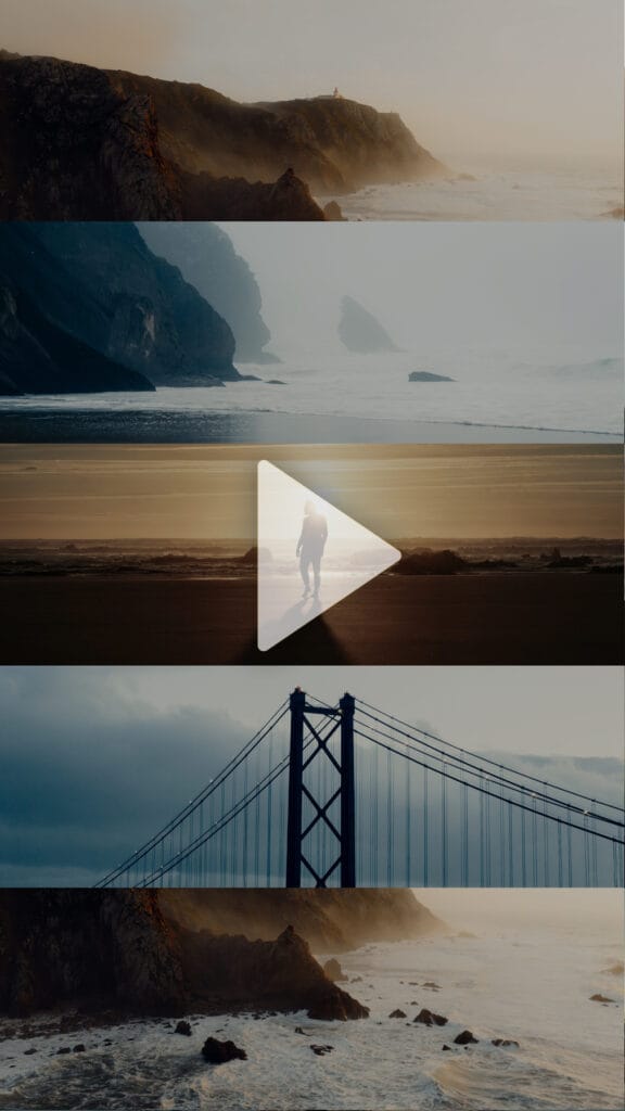 A collage of four scenic coastal photos: rocky cliffs at sunrise, waves hitting a shoreline, a person walking on a beach, and a suspension bridge over the sea—perfect inspiration for coastal brands. A play button is centred over the images.